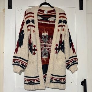 Blue Rain Cream and Red Patterned Cardigan